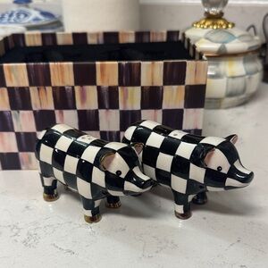 MacKenzie-Childs Black and White Checkered Pig Figurines with Gold Accents